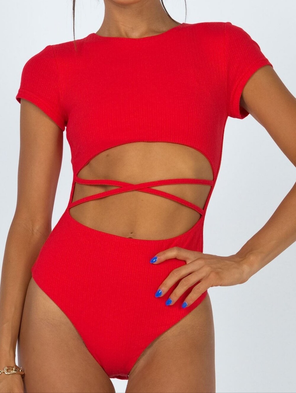 Princess Polly Nicola Red Ribbed Cutout Bodysuit Short Sleeve 8